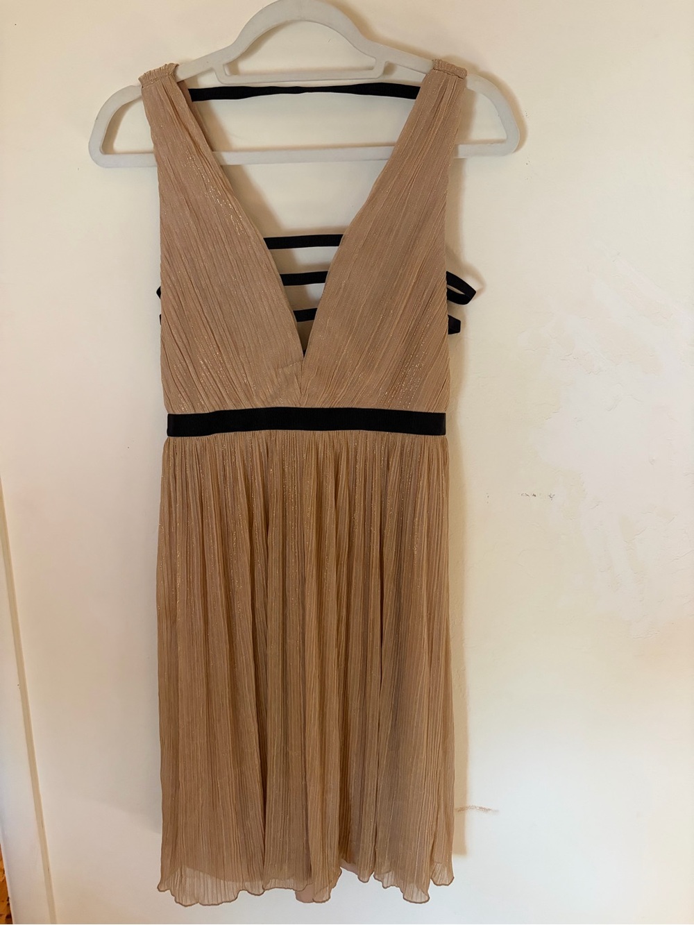 ABS Allen Schwartz Tan Pleated Midi Dress with Black Waist and Back Straps